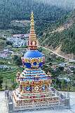 View to the elaborately decorated chorten (stupa) at Thupsung Dhorgye Ling Monastery.