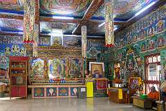 The interior with its rich frescoes, of the Gompa Buddhist Temple, the Centre for Buddhist Studies.
