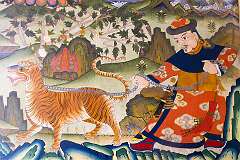 A wall painting depicting a Mongolian leading a tiger on a chain, representing the Three Lords of the World, the great bodhisattvas - Manjushri, Avalokiteshvara and Vajrapani, guarding the temple from negative energy,