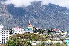 View over the upper town of Tawang, with its huge Buddha statue dating from 2015.