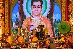 Monks of Tawang Monastery perform a ceremony, with chanting, cymbals and blowing the "dungchen", the long horn, starting the Festival of Tawang.