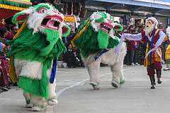 Dancing “snow lions” in the Carnival Parade on the first day of the Tawang Festival.