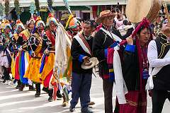 The Carnival Parade, with many colourful dancers, on the last day of the Tawang Festival.