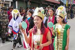 The Carnival Parade, with many colourful dancers, on the last day of the Tawang Festival.
