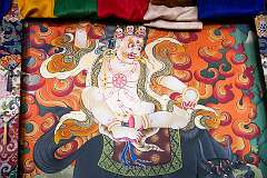 A wall painting in the room with the images of the three protecting gods in the Upper Gompa of the Gontse Gaden Rabgyel Ling (GRL) Monastery.