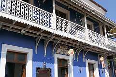 Balconies along St. Sebastian Street, in the old quarter of Fontainhas, Altinho, Panaji.