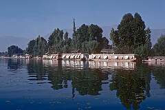Houseboats on Nigeen (Nagin) Lake, connected via a narrow canal to Dal Lake.