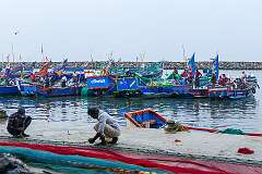 Fishermen repairing their nets, at the Chellanam Fishing Harbour, 18 kilometres south of Kochi.