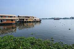 Houseboats and the view across Punnamada Lake, at Finishing Point, Alappuzha.