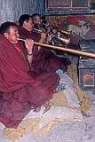 “Duncheng” horns and “Gyaling” woodwind instruments played by monks at the daily religious ceremony in Hemis Gompa.