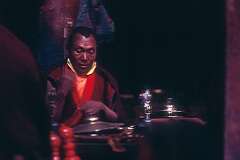 A monk with cymbals at a ceremony inside Hemis Gompa.