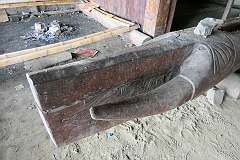 The log drum in the Morung, traditional 'bachelors' dormitory' house of the Konyak Naga tribe in Kisama Heritage Village. It has a carved stylised elephant's head.