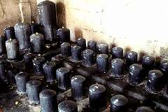 Lingams, phallic symbols associated with the god Shiva, enshrined around the outer walls of the Brihadisvara Temple in Thanjavur.