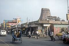 The gopuram of Arulmigu Kapaleeshwarar Temple, behind shops in Mylapore, a traditional neighbourhood in the south of Chennai.