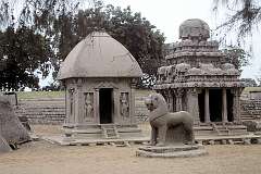 Arjuna and Bhima Ratha, in the Pancha Rathas complex, two of the five sculptured temples in the shape of chariots in Mahabalipuram.