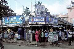 Small shops near the bus stand in the town of Mahabalipuram (Mamallapuram), 57 kilometres south of Chennai.