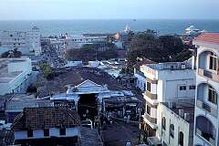 Kanniyakumari, on Cape Comorin, the southernmost point of India, seen from the roof of the NRS Lodge hotel.