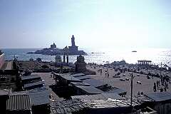 Looking towards the Vivekananda Memorial and the Thiruvalluvar Statue on two rocky islands, just offshore Kanniyakumari, at Cape Comorin.