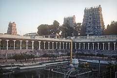 The Pottamarai Kulam (Golden Lotus Tank) in the Sri Meenakshi Temple, a large pool where devotees can bathe in holy water.