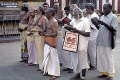 Devotees reading from sacred texts in a courtyard of the Meenakshi Temple in Madurai, rebuilt in the 17th century during the reign of King Tirumalai Nanak (1623-1655).