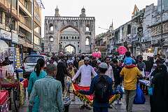 Machli Kaman with behind it the Charminar monument, constructed in 1591, now the symbol of Hyderabad.