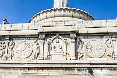 Carvings of the Buddha on the base of the Buddha statue on Gibraltar Rock in Hussain Sagar lake. In 2006, the Dalai Lama consecrated the statue after performing a ritual.