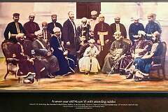 A photograph (1873) of Mir Mahboob Ali Khan Siddiqi, Asaf Jah VI (1866-1911), the 6th Nizam of Hyderabad, at age seven, with his two regents and other noblemen. He was the first Nizam to have a Western education.