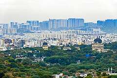 View from the Baradari (Darbar Hall) at Golconda Fort towards the Qutb Shahi Tombs. At right the tomb of Muhammad Quli Qutb Shah, the fifth sultan of the Qutb Shahi dynasty, who ruled from 1580 to 1611.