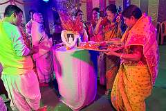 During a Hindu “puja”, a ceremony to honour a recently deceased guru, in a temporary temple, just behind Veda Homestay in Agartala.