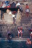 Bathers at Prayag Ghat, on the banks of the Ganges, the holy river in Varanasi.