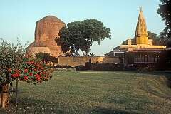 The Dhamekh Stupa in Sarnath, marking the precise location where the Buddha preached his first discourse to his first five disciple, circa 528 BCE. The stupa dates from the 5th-6th century and is 43.6 metres high, with a diameter of 28 metres.
