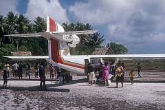 The 18-seat three-engined Britten-Norman Trislander of Air Tungaru on the airport near the village of Butaritari.