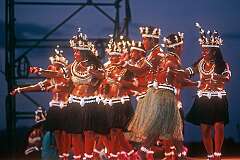 Dancers from Banaba (Kiribati) living in Fiji, dance at the Rock Pool stage, in the Festival of Pacific Arts, Townsville, Queensland, Australia in August 1988.