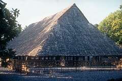 The Atanikarawa maneaba, the meeting hall in the village of Buota, in Tabiteuea North. It houses the bones of the 18th-century warrior Kourabi, kept in a basket hanging from the roof in the middle of the hall.