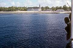 Arrival in the village of Bakaka with its huge Protestant church, on Tamana, the second southernmost and smallest island of Kiribati.