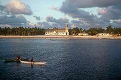View from the ship to the village of Bakaka with its huge Protestant church, while leaving Tamana, the second southernmost and smallest island of Kiribati.