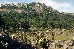 View to the “Acropolis”, the rock formation behind the ruined city of Great Zimbabwe.