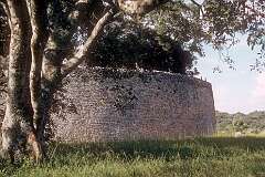 The great wall with its chevron patterned top around Great Zimbabwe.