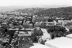 Ljubljana, Slovenia - View from Grajski stolp, the tower of Ljubljana Castle, looking to the 18th-Century Church of the Holy Trinity.