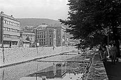 Sarajevo, Bosnia - Along the Miljacka river, with the Vijećnica, the City Hall, completed in 1894 in pseudo-Moorish style.