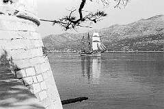 Korčula, Croatia - A sailing frigate in Pelješki Kanal, between Korčula and Pelješac.