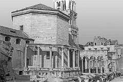 Split, Croatia - Diocletian’s Mausoleum, built in 305 CE, part of the St. Domnius Cathedral since the 7th century.