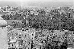 Split, Croatia - View from the cathedral tower to Zlatna Vrata (Golden Gate) and the bell tower of the Holy Arnir.